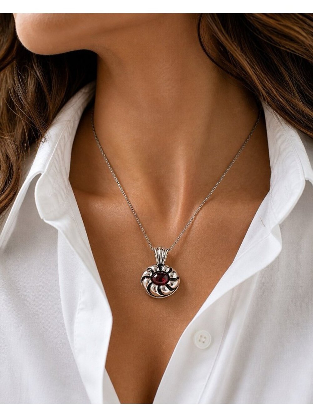 Vintage Sterling Silver Garnet Pendant Necklace Modernist Scandinavian Style